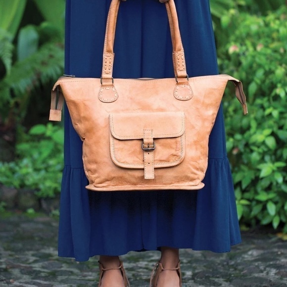 Noonday Collection Rustic Leather Artisan Bohemian Hobo Tote Purse Made In India - Picture 3 of 16